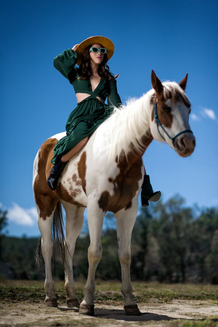 Woman in Hat and Green Dress Sitting on Horse